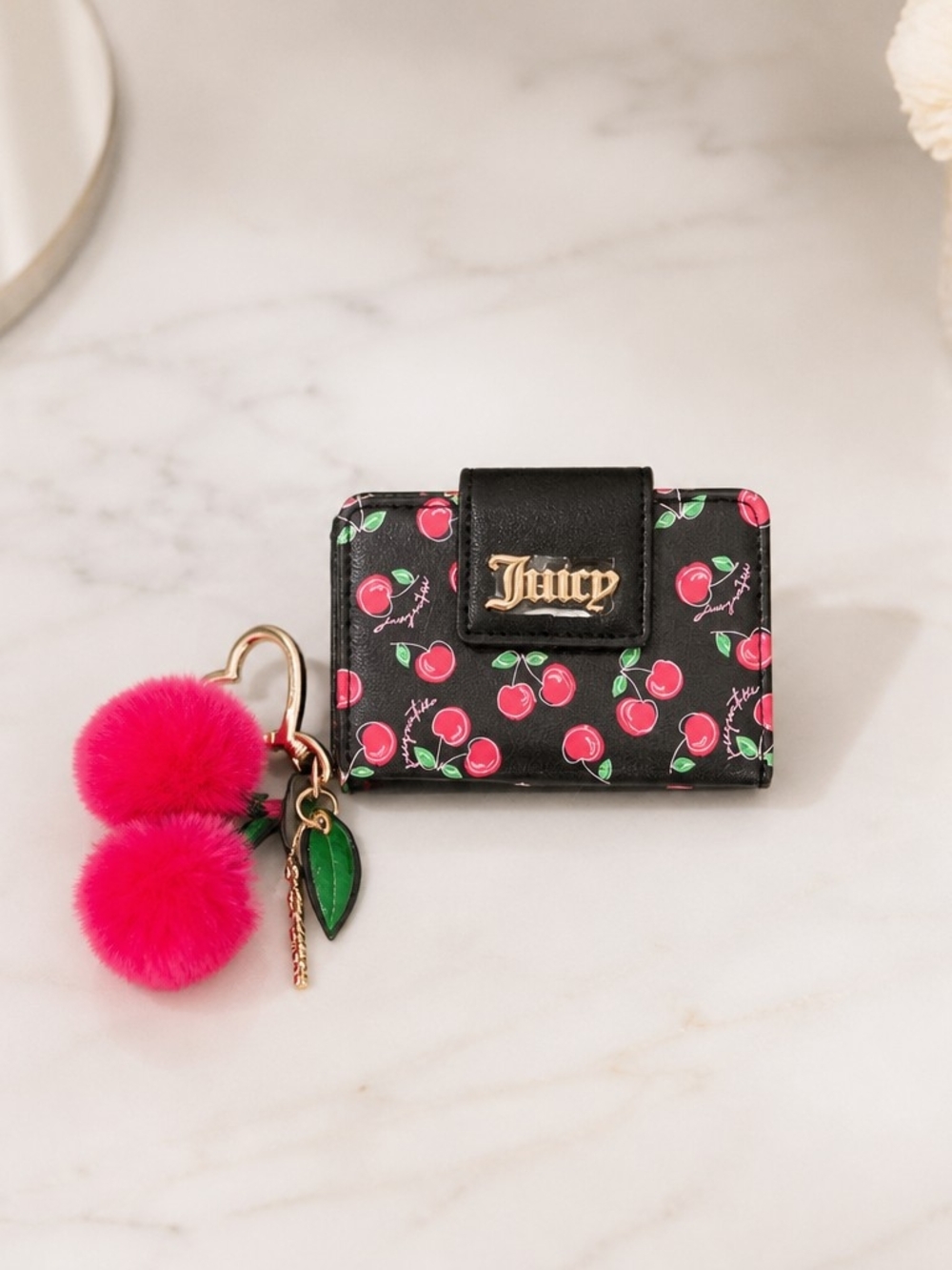 Juicy Couture Black Cherry Print Card Holder with Cherry Pom-Pom Charm